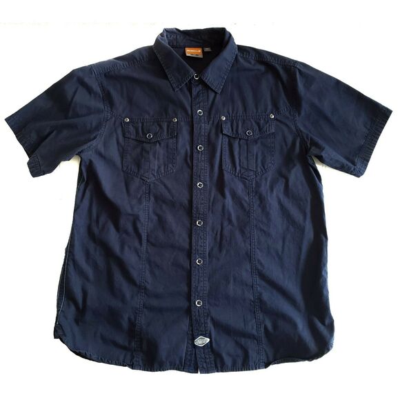 MERRELL navy blue button front down short sleeve pocket casual outdoorsy shirt L - Picture 9 of 9
